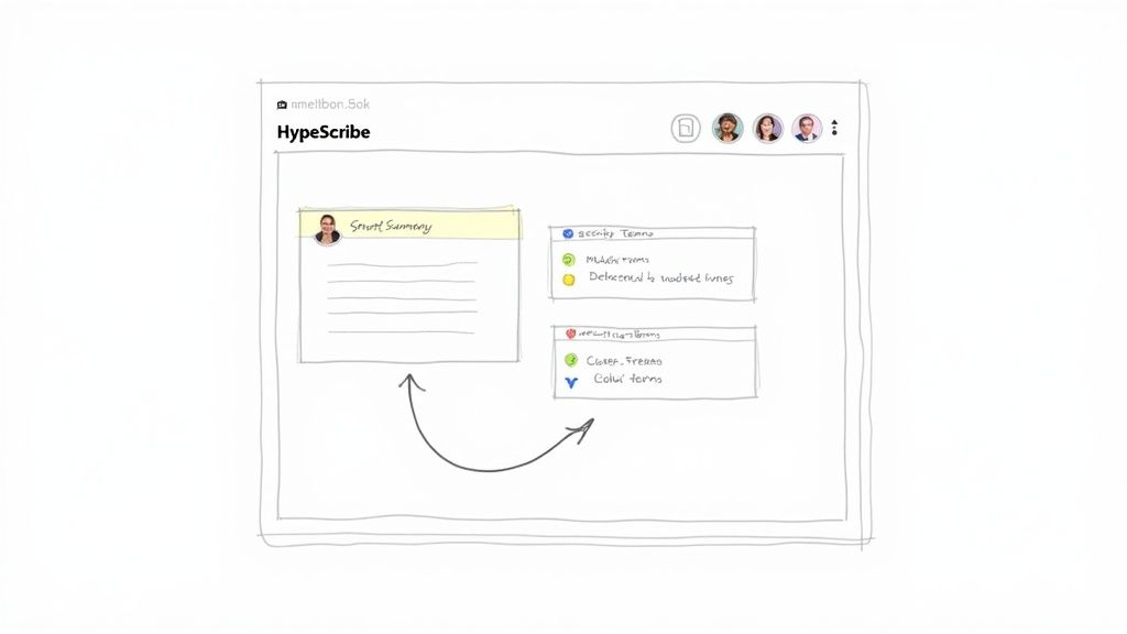 A hand-drawn sketch of the HypeScribe app interface, showing a smart summary and categorized terms.