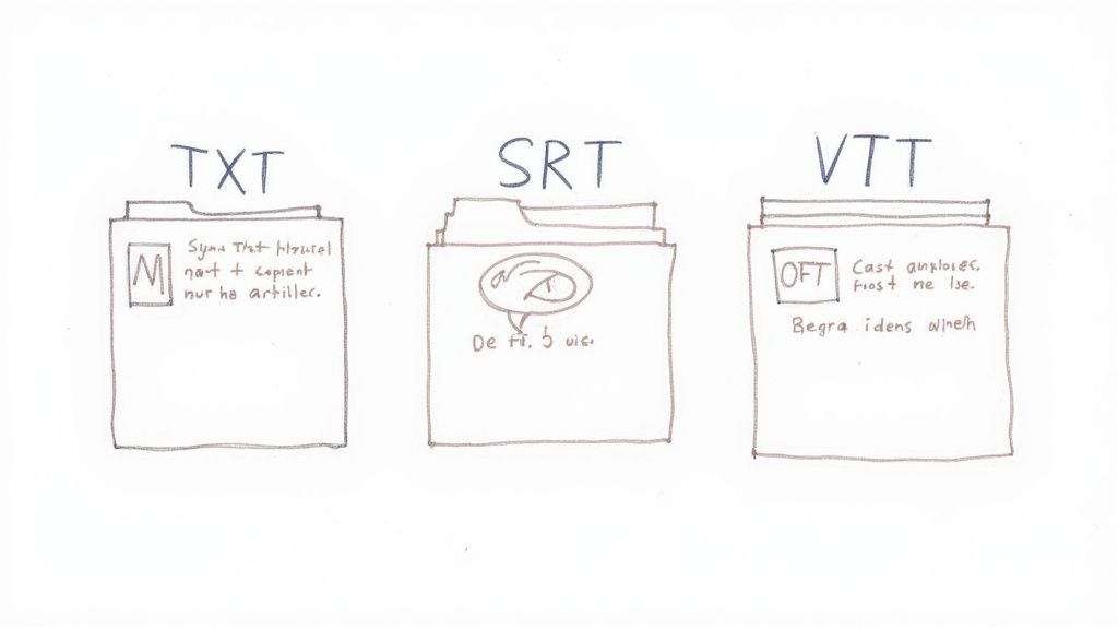 Three folders illustrate TXT, SRT, and VTT subtitle file formats with handwritten examples.