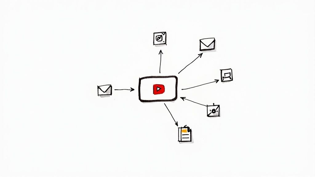 A diagram with a central YouTube icon, an incoming arrow from an envelope, and outgoing arrows to various content icons.