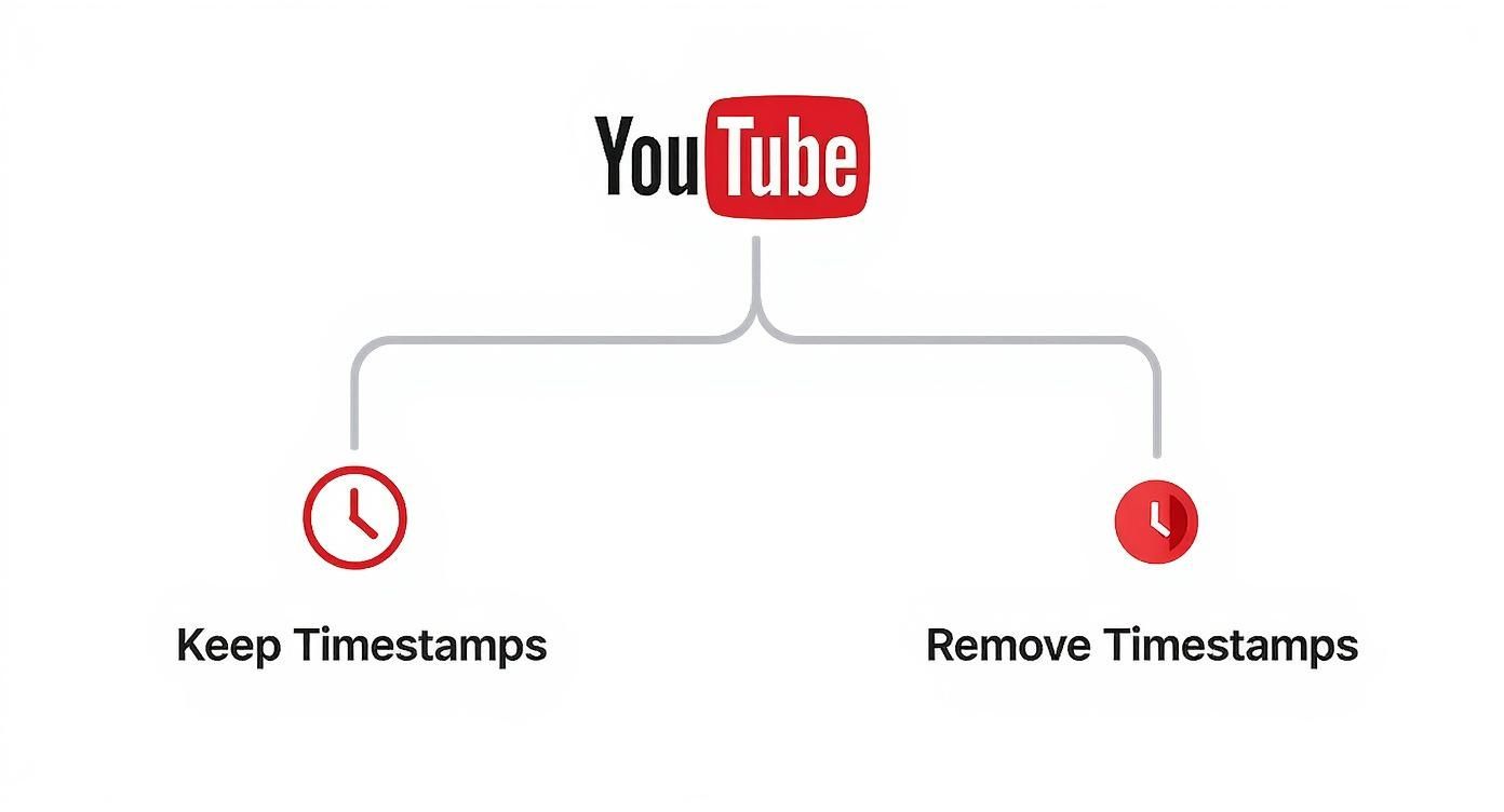 YouTube feature: a branching diagram showing options to keep or remove timestamps from videos.