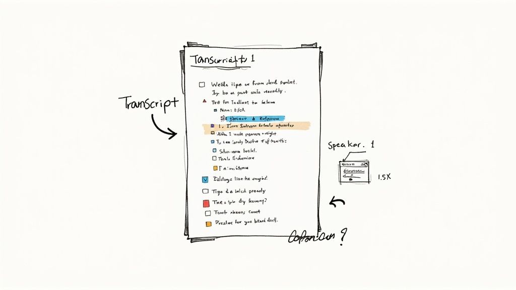 Hand-drawn sketch of a transcript document with checkboxes, highlights, speaker details, and speed settings.