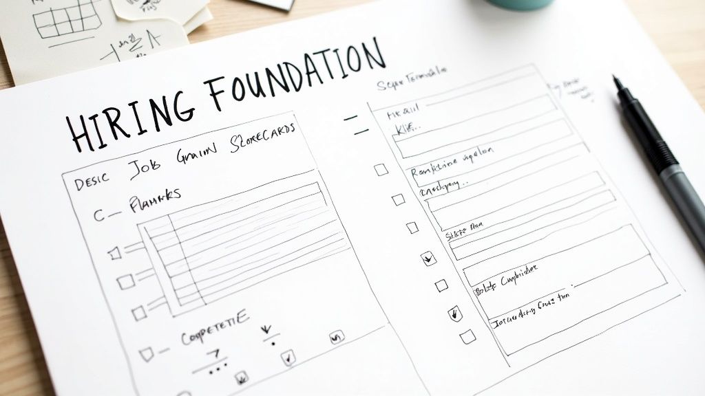 A handwritten document titled 'HIRING FOUNDATION' showing job scorecards and interview checklists.