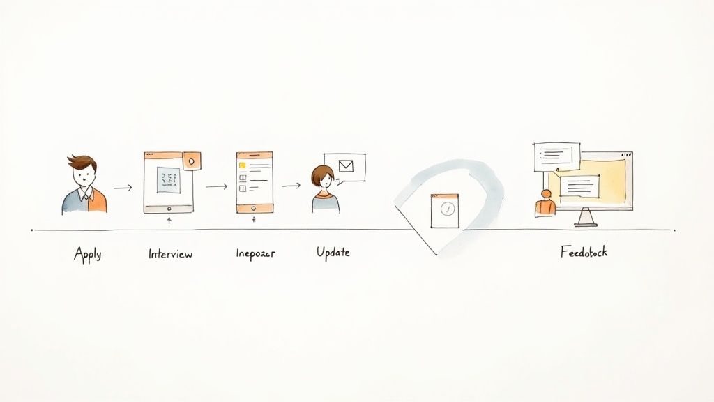 A watercolor-style flowchart illustrates the stages of a job application and interview process, from applying to receiving feedback.
