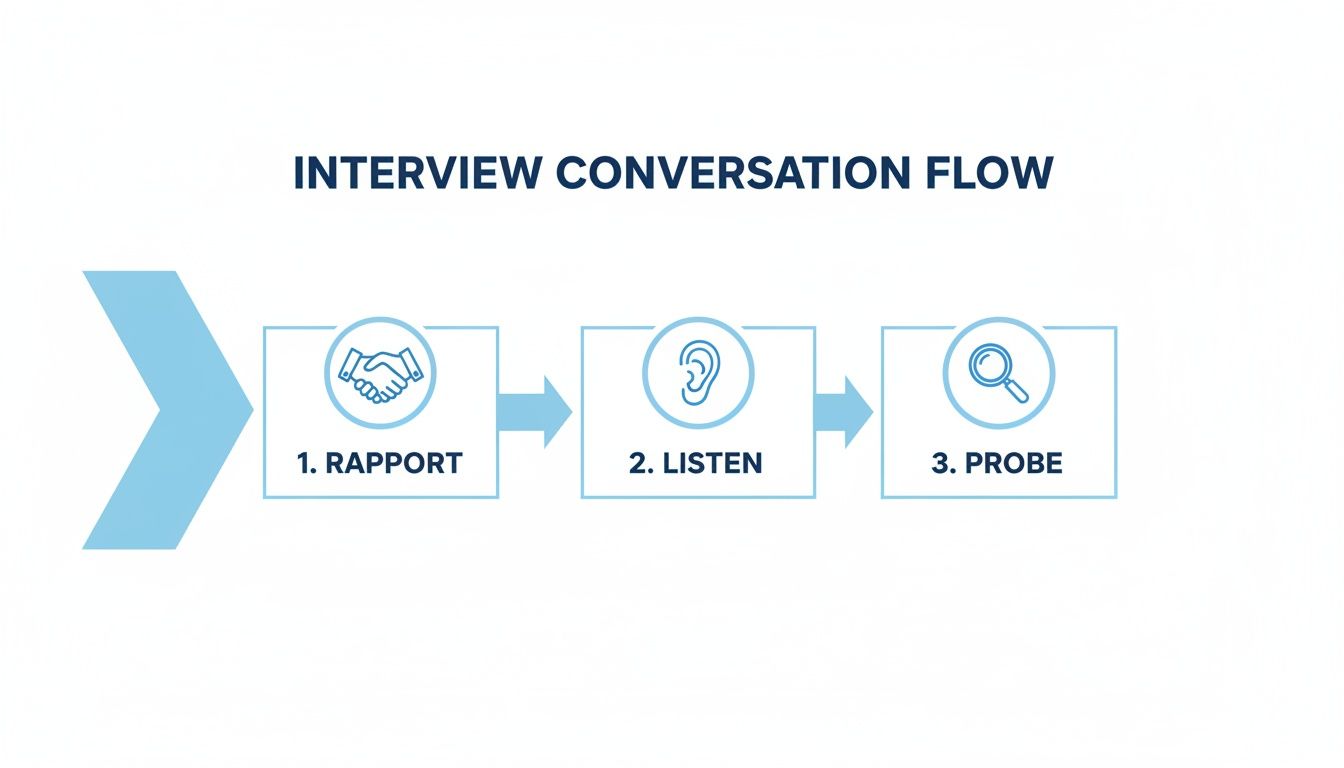 A blue flowchart illustrating the 'Interview Conversation Flow' with three steps: 1. Rapport (handshake), 2. Listen (ear), and 3. Probe (magnifying glass).