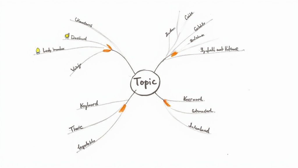Handdrawn mind map with 'Topic' in the center, branching out to various related words and icons.