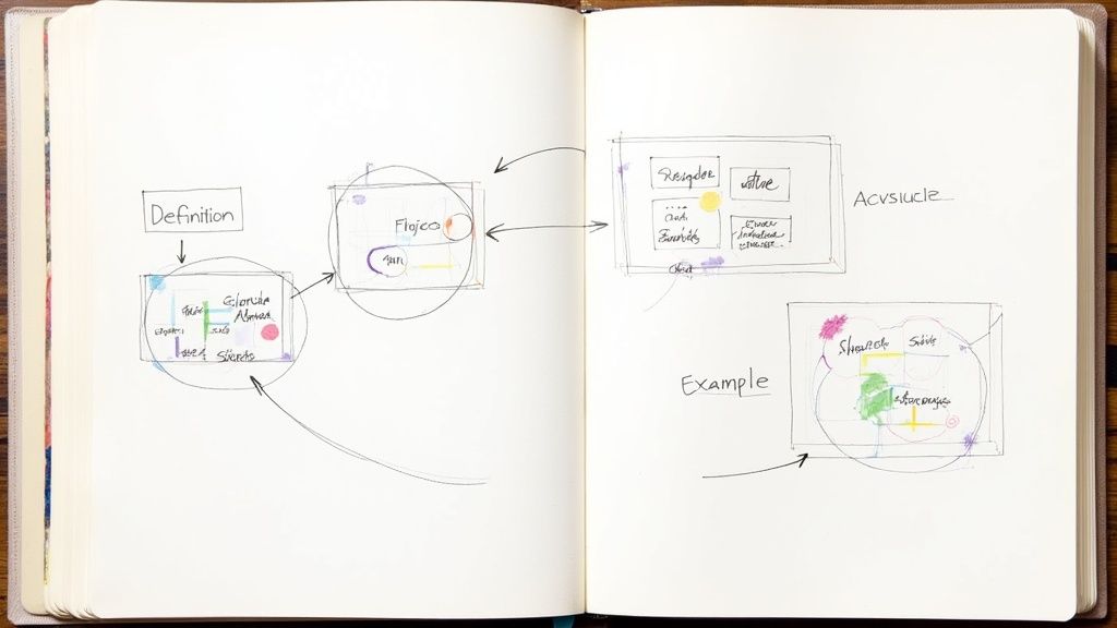 Open notebook with handwritten concept maps, diagrams, and arrows illustrating definitions and examples.