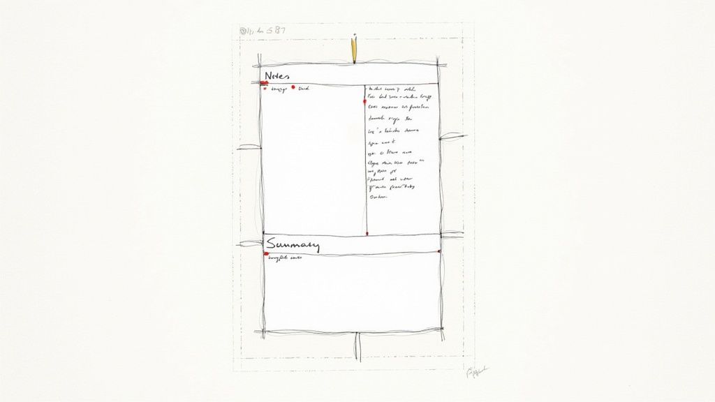 A hand-drawn sketch illustrating a note-taking template with sections for 'Notes' and 'Summary'.
