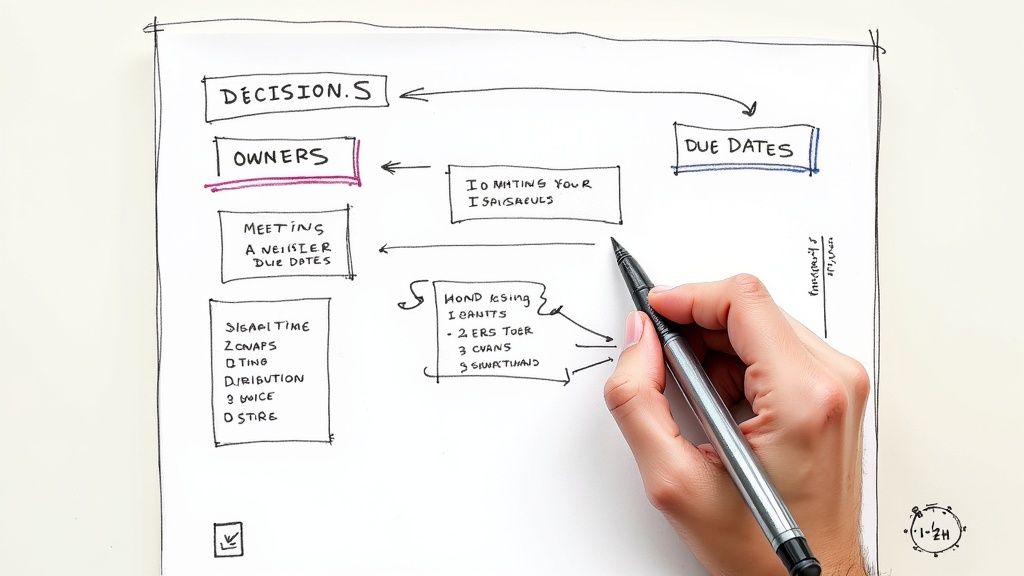 A hand drawing a handwritten business workflow diagram with decisions, owners, due dates, and meeting details.