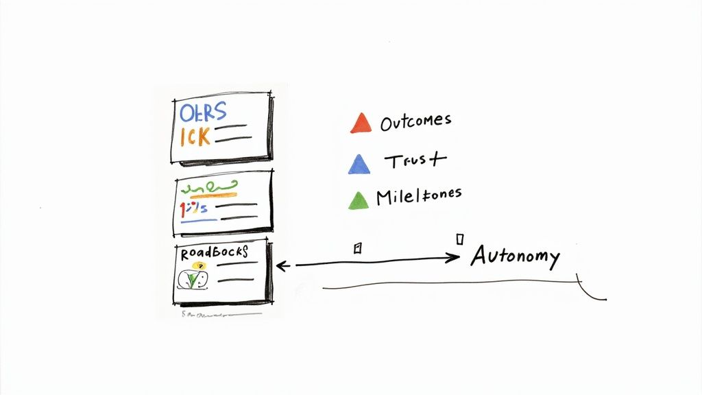A diagram illustrates Outcomes, Trust, and Milestones, connecting RoadBlocks to Autonomy.