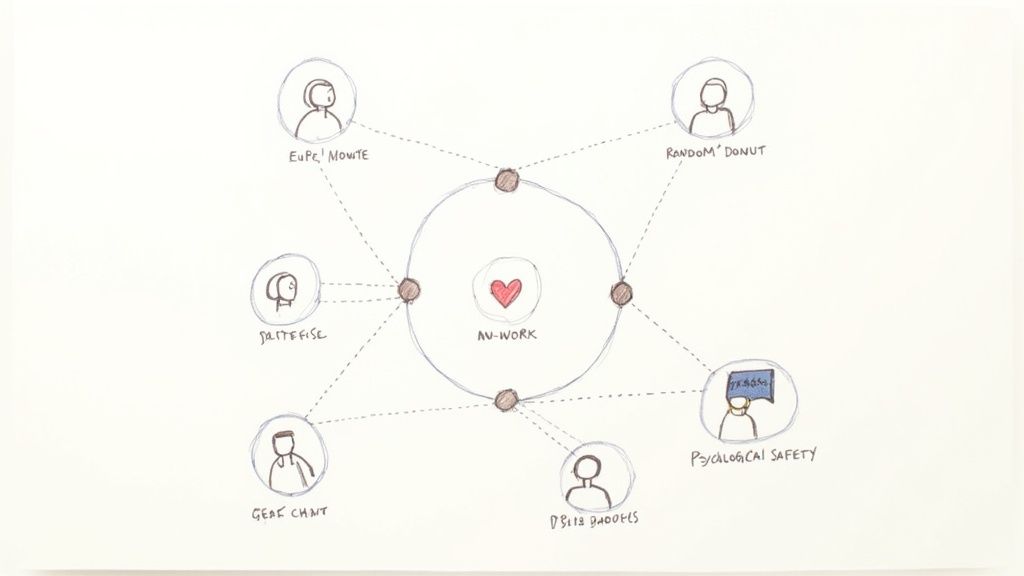 Diagram illustrating a central 'AU-WORK' concept connected to various team roles and psychological safety.