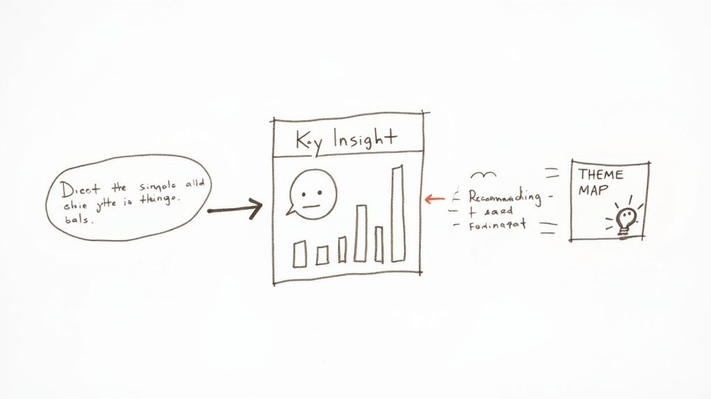 Hand-drawn diagram illustrating the analytical process from key insights and data to a theme map.