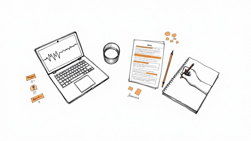 An illustrated top-down view of a workspace with a laptop, documents, and a hand writing in a notebook.