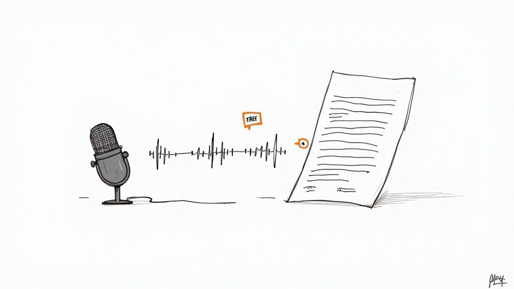 A microphone, audio waveform with 'FREE' text, and a document illustrate free audio to text transcription.