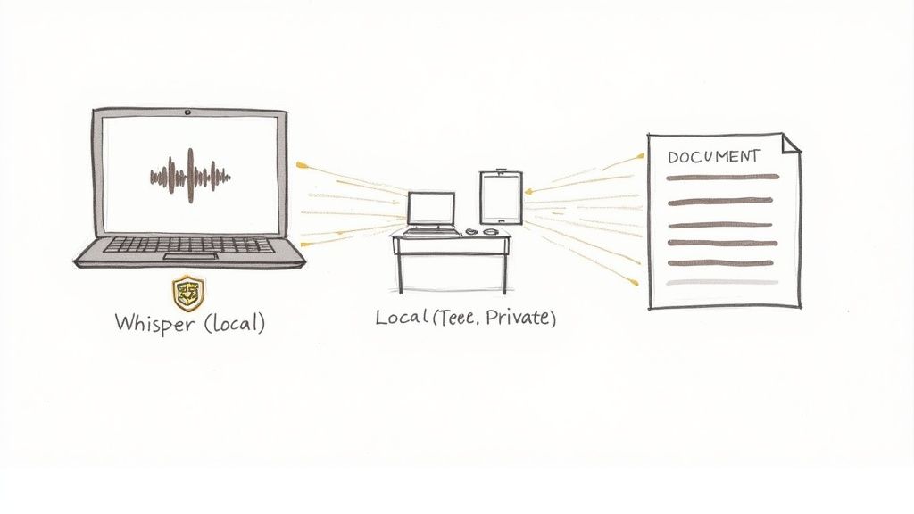 A diagram illustrating audio transcription from a laptop with a sound wave to a document via local secure computing.