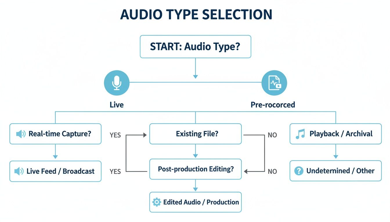 Flowchart illustrating the audio type selection process, branching into live and pre-recorded audio paths.