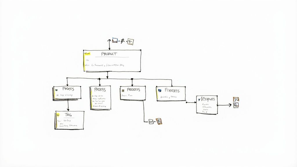 A handwritten process diagram illustrating product development, processes, and related categories with notes.