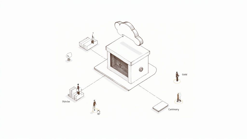 Isometric diagram illustrates people and platforms interacting with a central cloud system.