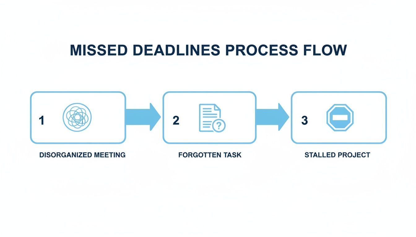 A process flow diagram showing that disorganized meetings lead to forgotten tasks and stalled projects.