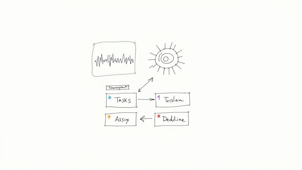 A handwritten flowchart illustrates a task management process with elements like tasks, deadlines, and assignments.