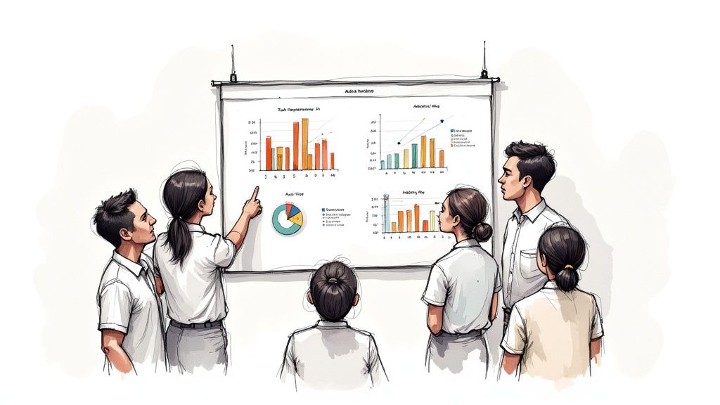Group of people observing and discussing data presented on a screen with charts and graphs.