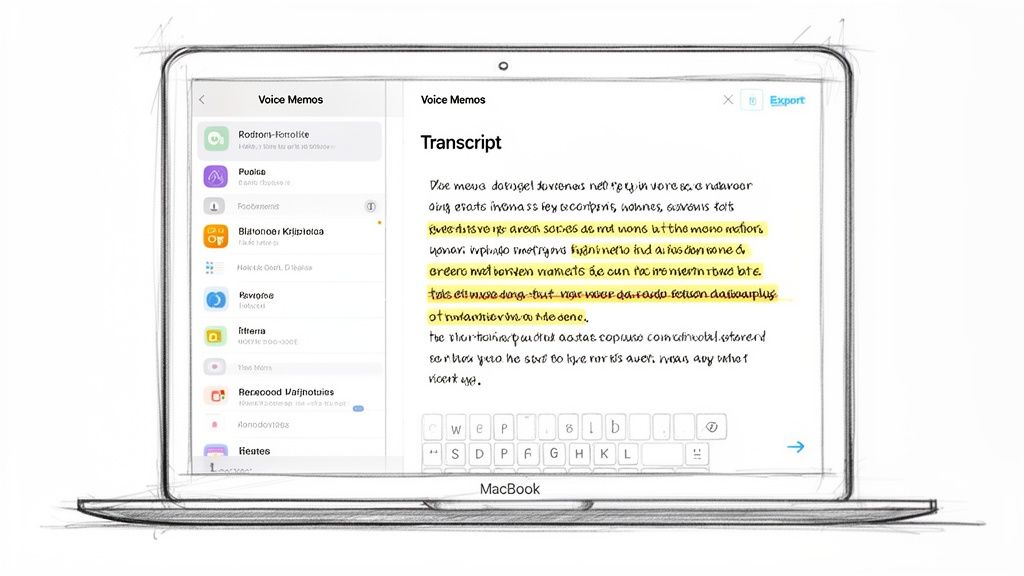 A sketch of a MacBook displaying a voice memos app interface with highlighted transcribed text and a virtual keyboard.