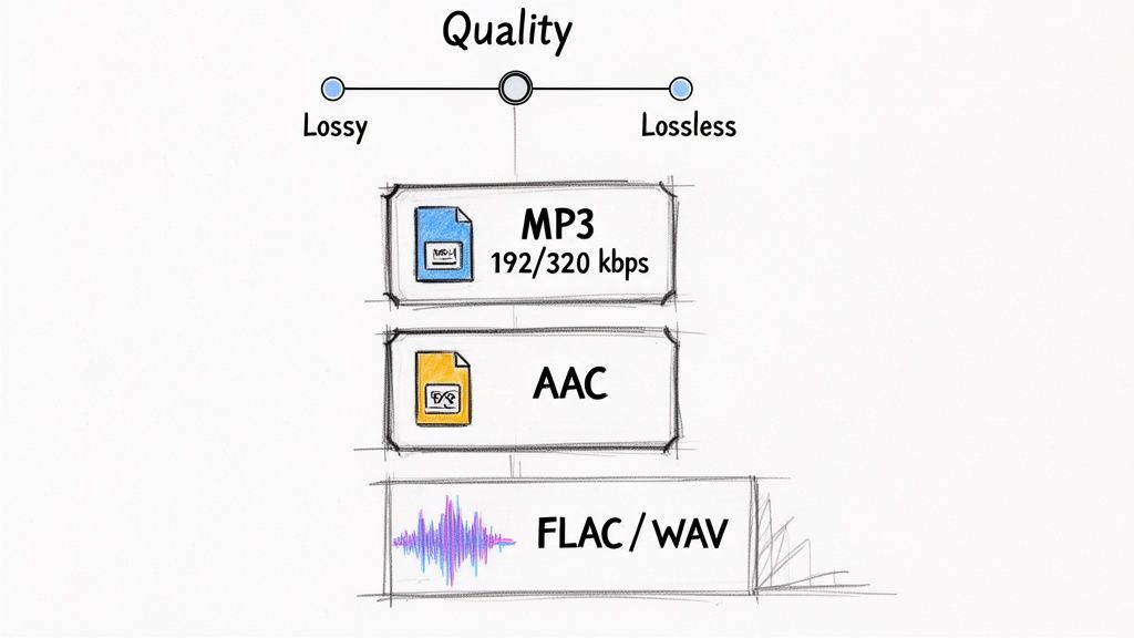 Diagram explaining audio quality differences between lossy (MP3, AAC) and lossless (FLAC, WAV) formats.