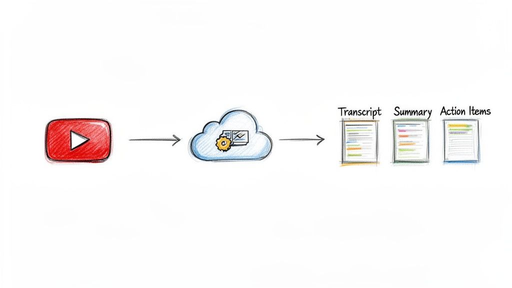 Workflow illustrating YouTube video processing in the cloud to extract transcripts, summaries, and action items.