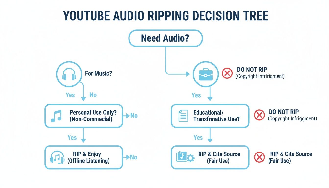 Decision tree illustrating when and how to rip audio from YouTube videos, covering copyright and fair use.