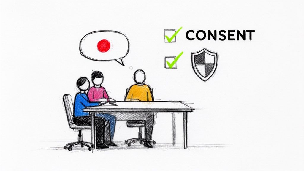 Three cartoon-style people sit at a table discussing consent, with a Japanese flag and shield.
