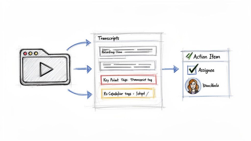Hand-drawn diagram illustrating the workflow from a video recording to transcripts, tags, and an assigned action item.