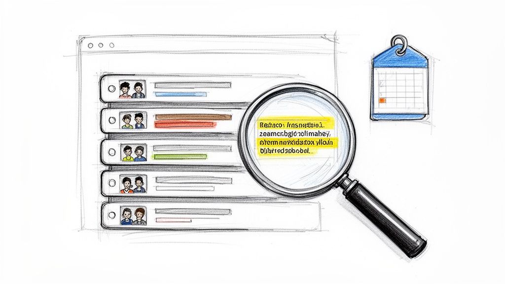 Hand-drawn illustration of a web browser displaying user records, a magnifying glass, and a calendar.