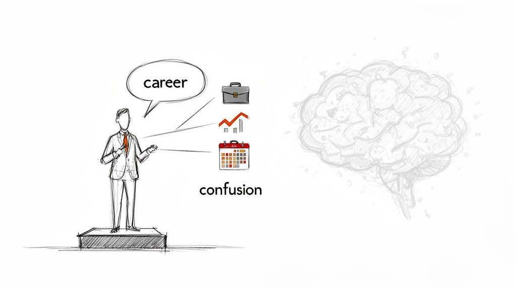 A sketch of a businessman pondering career choices, represented by icons, leading to confusion, with a brain drawing.
