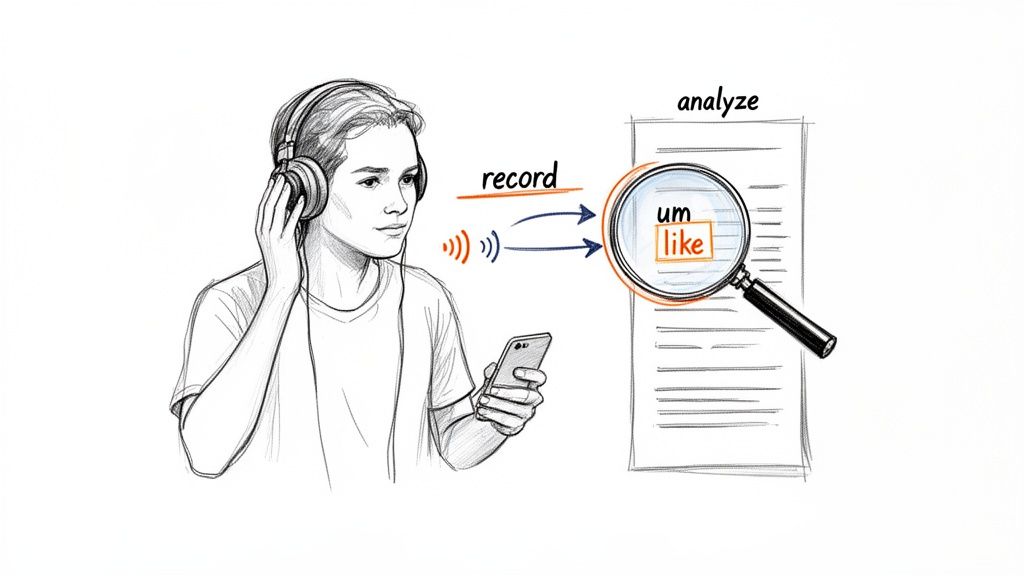 A person records speech via phone, then analyzes the transcript for filler words like 'um' and 'like'.