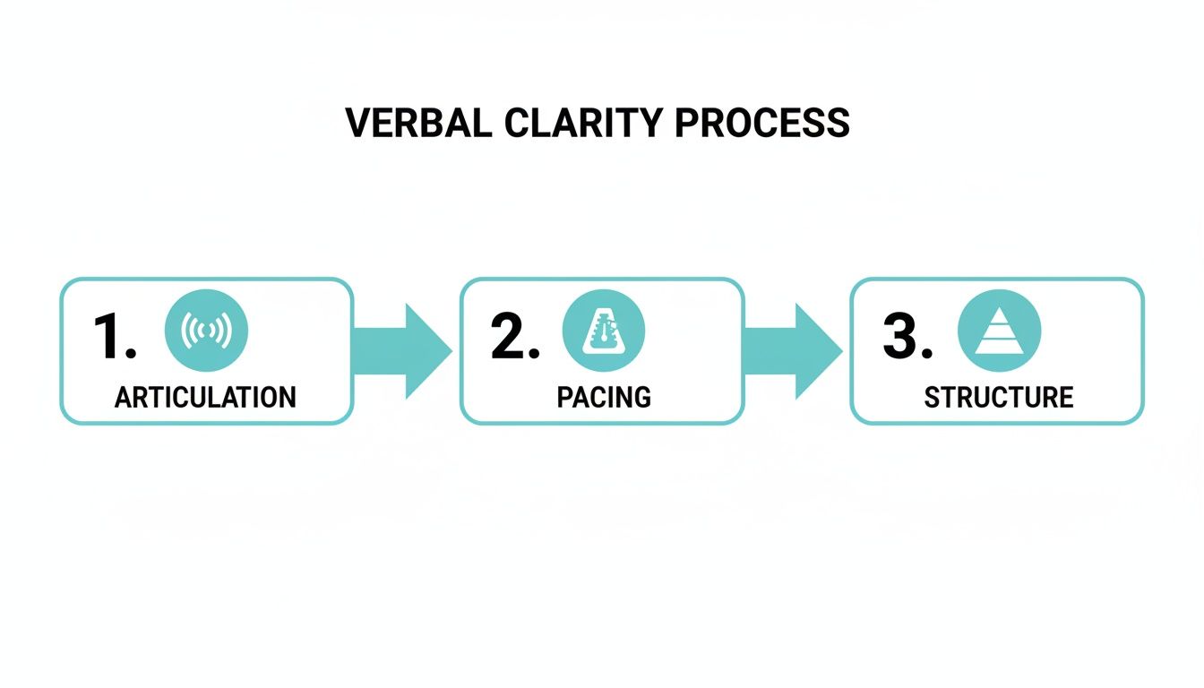 Flowchart showing the 3-step verbal clarity process: articulation, pacing, and structure.