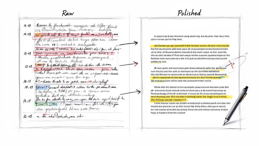 Handwritten document with red corrections transformed into a clean, typed polished version.