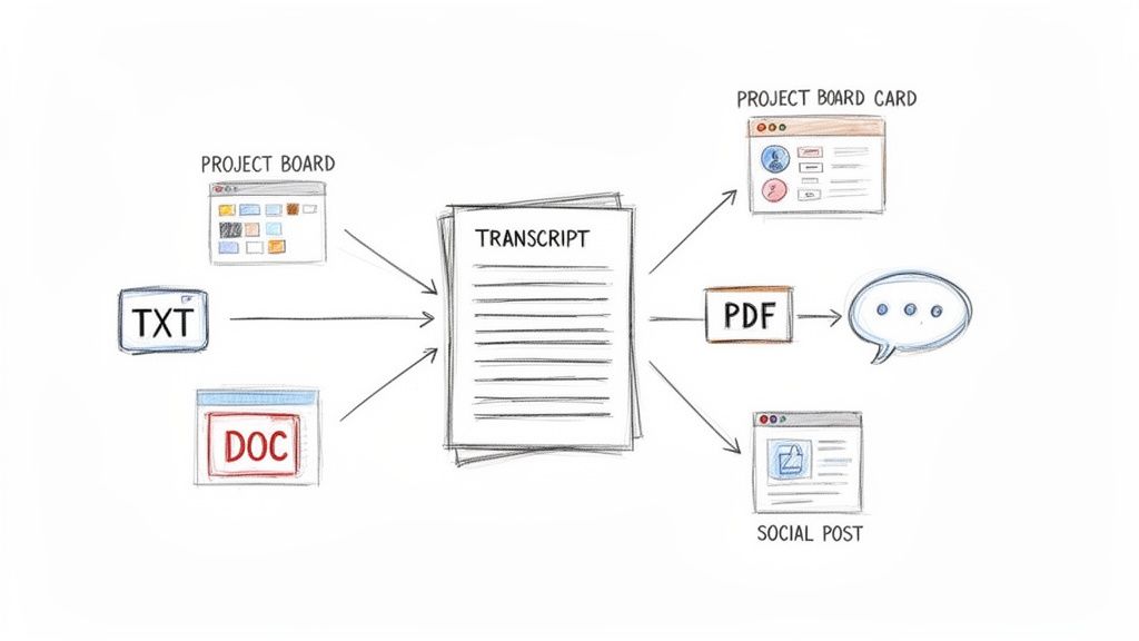 Workflow diagram: Inputs like TXT, DOC, project boards create a transcript, used for project cards, PDFs, social posts.