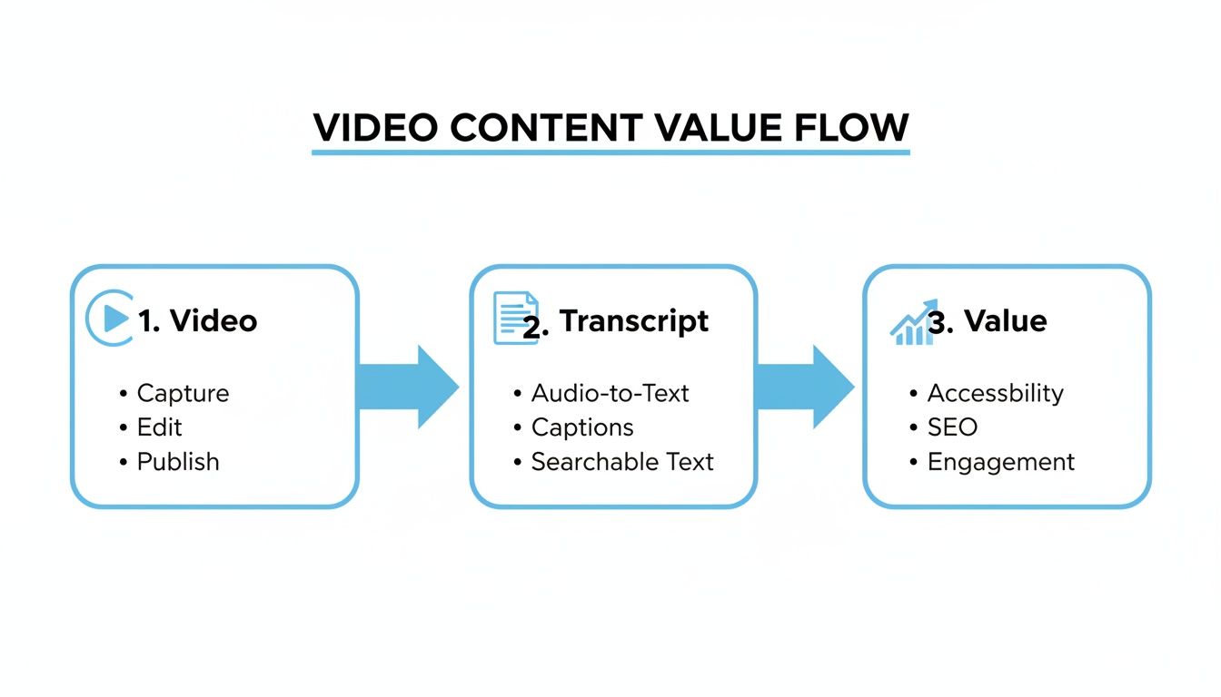 Flowchart detailing the video content value journey: video leads to transcript, generating accessibility, SEO, and engagement.