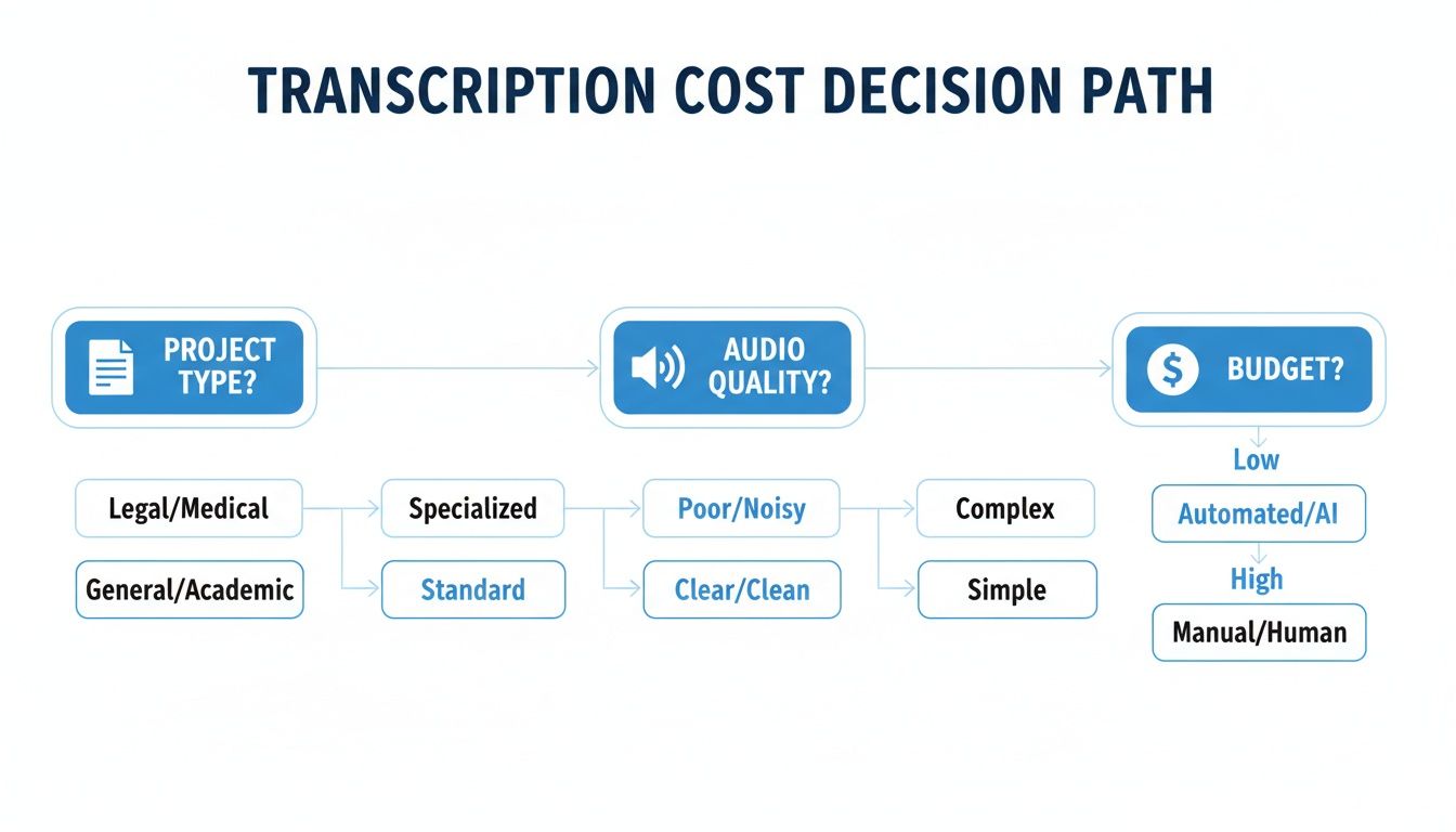 A flowchart illustrating the transcription cost decision path based on project type, audio quality, and budget.
