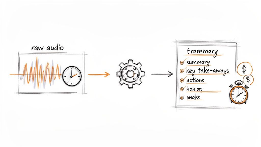 Diagram showing raw audio converted into structured summaries, key takeaways, and actions, with symbols for time and cost savings.