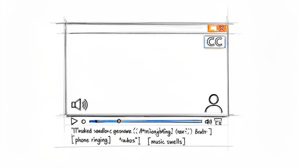 A hand-drawn sketch of a video player interface with active closed captions displayed below.