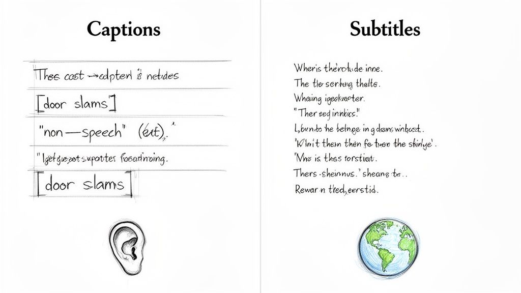 A handwritten comparison of captions, including sound effects and an ear graphic, and subtitles with a globe graphic.