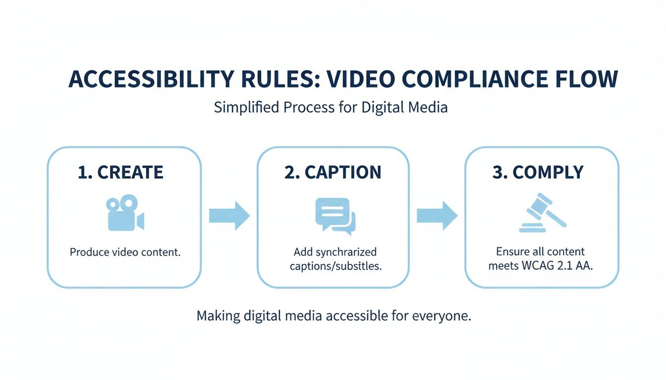 A simplified flow for video compliance: create content, add captions, and meet WCAG 2.1 AA standards.