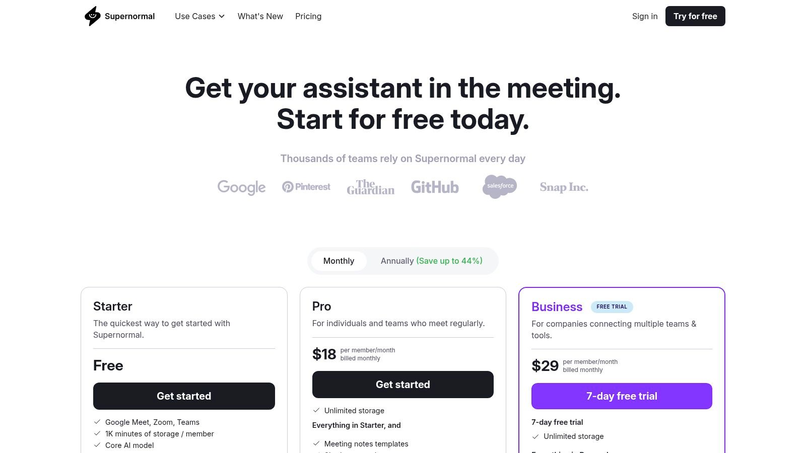Supernormal Pricing Page