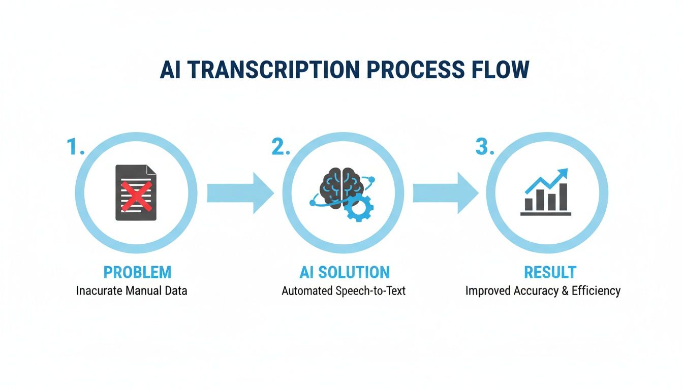 Diagram showing the AI transcription process: from inaccurate manual data to automated speech-to-text, leading to improved accuracy and efficiency.