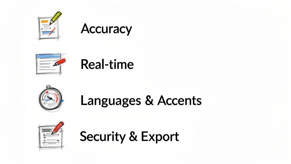A list of four key features: Accuracy, Real-time, Languages & Accents, and Security & Export, each with an icon.