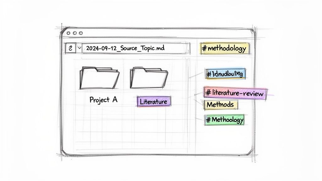 A hand-drawn sketch of a file explorer window showing research files, folders, and colored tags for organization.