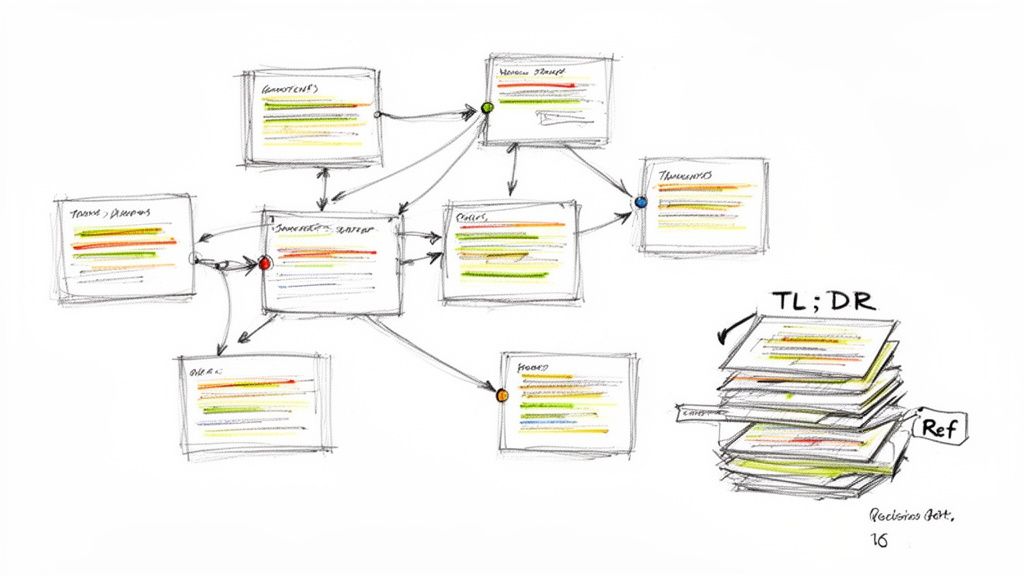 Hand-drawn diagram illustrates a network of interconnected research notes, resembling a knowledge map.