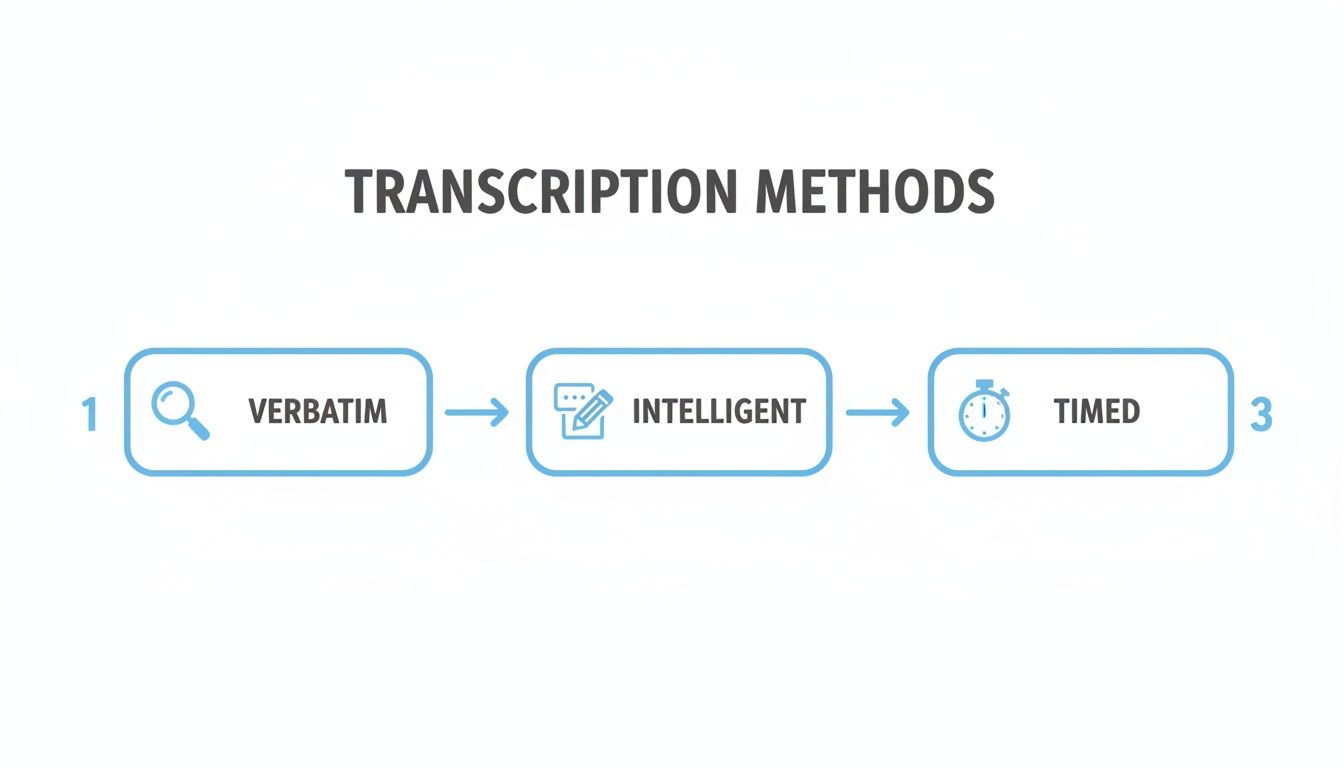 An infographic showcasing three distinct transcription methods: Verbatim, Intelligent, and Timed, with icons.
