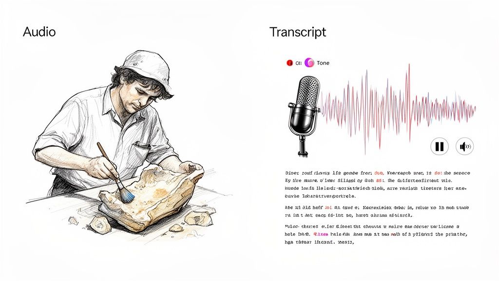 An illustration of an archaeologist brushing an artifact, beside a digital audio transcription interface with a microphone and sound waves.
