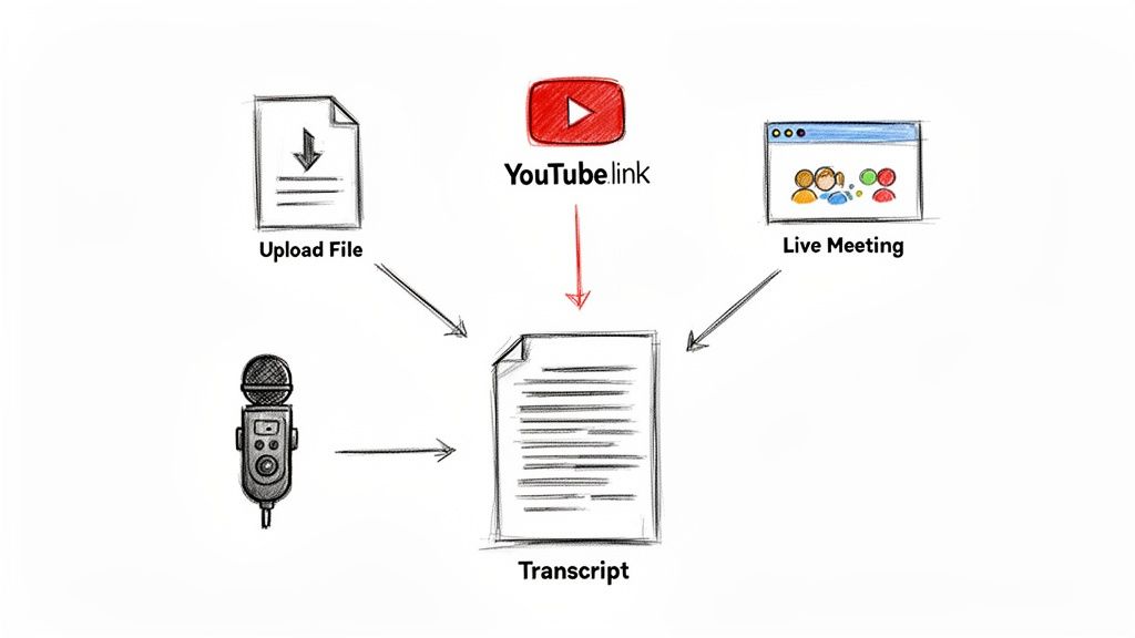 Diagram illustrates inputs like uploaded files, YouTube links, live meetings, and a microphone feeding into a text transcript.
